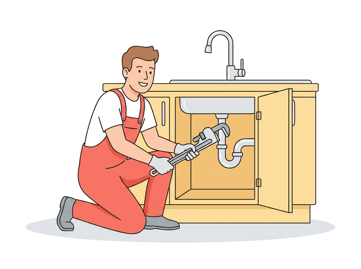 Illustrated plumber fixing a kitchen sink